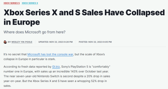 XSX|S在欧洲销量大幅下降 业内人士担忧Xbox前景